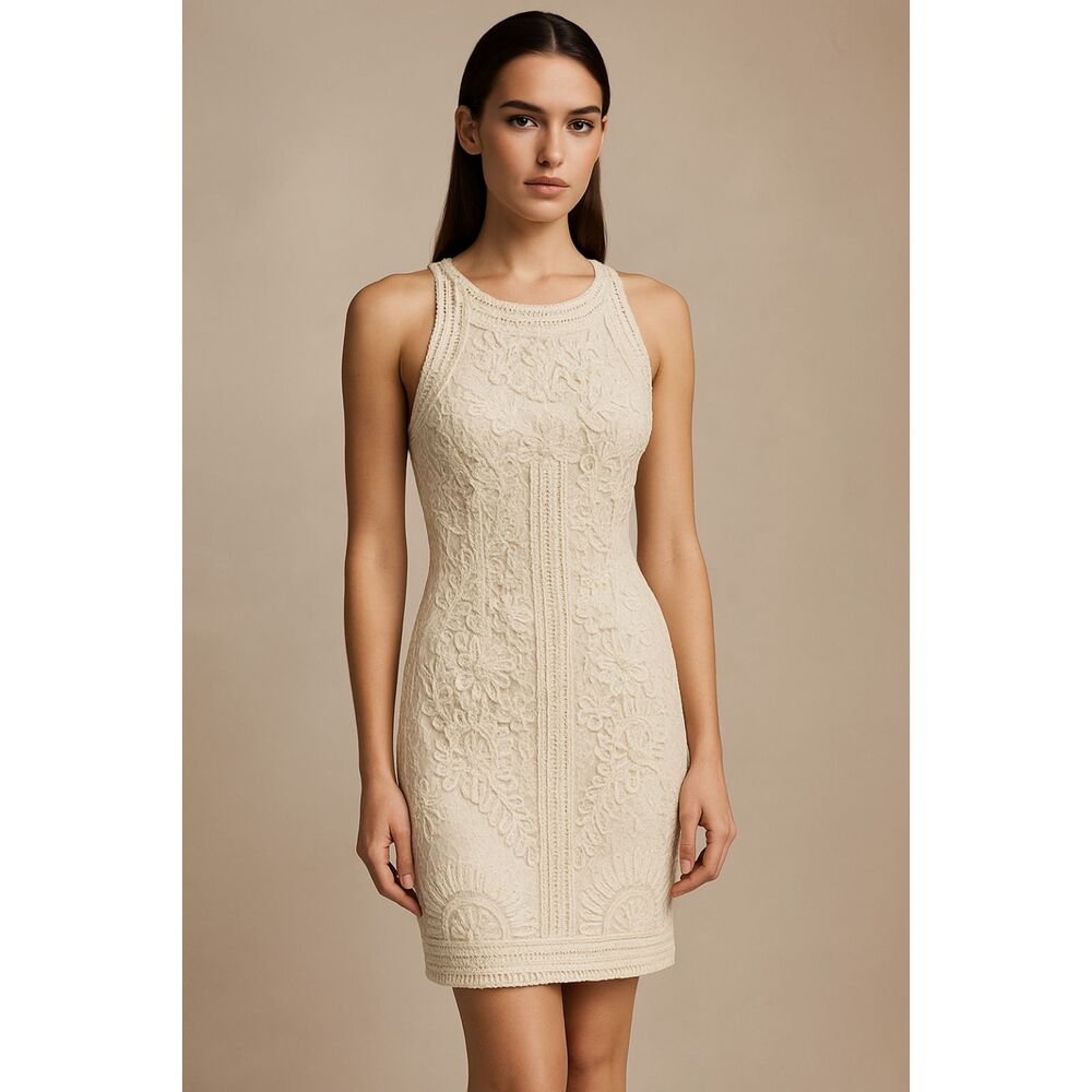 Sue Wong Nocturne Bateau Neckline Embroidered Sheath Dress Creamy Ivory 2 NWOT